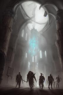 concept art of the Smoke People of legend, entering the Chapel Perilous, led by Sir Galahad, painted by Nixeu, as seen on artstation HD -s50 -b1 -W512 -H768 -C7.5 -S3305518658